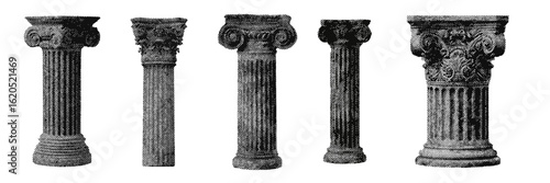 Set of ancient greek columns halftone grunge vector design elements
