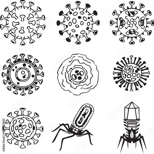 Virus Vector Set Scientific Black and White Illustrations of Microbial Structures Including Bacteriophages