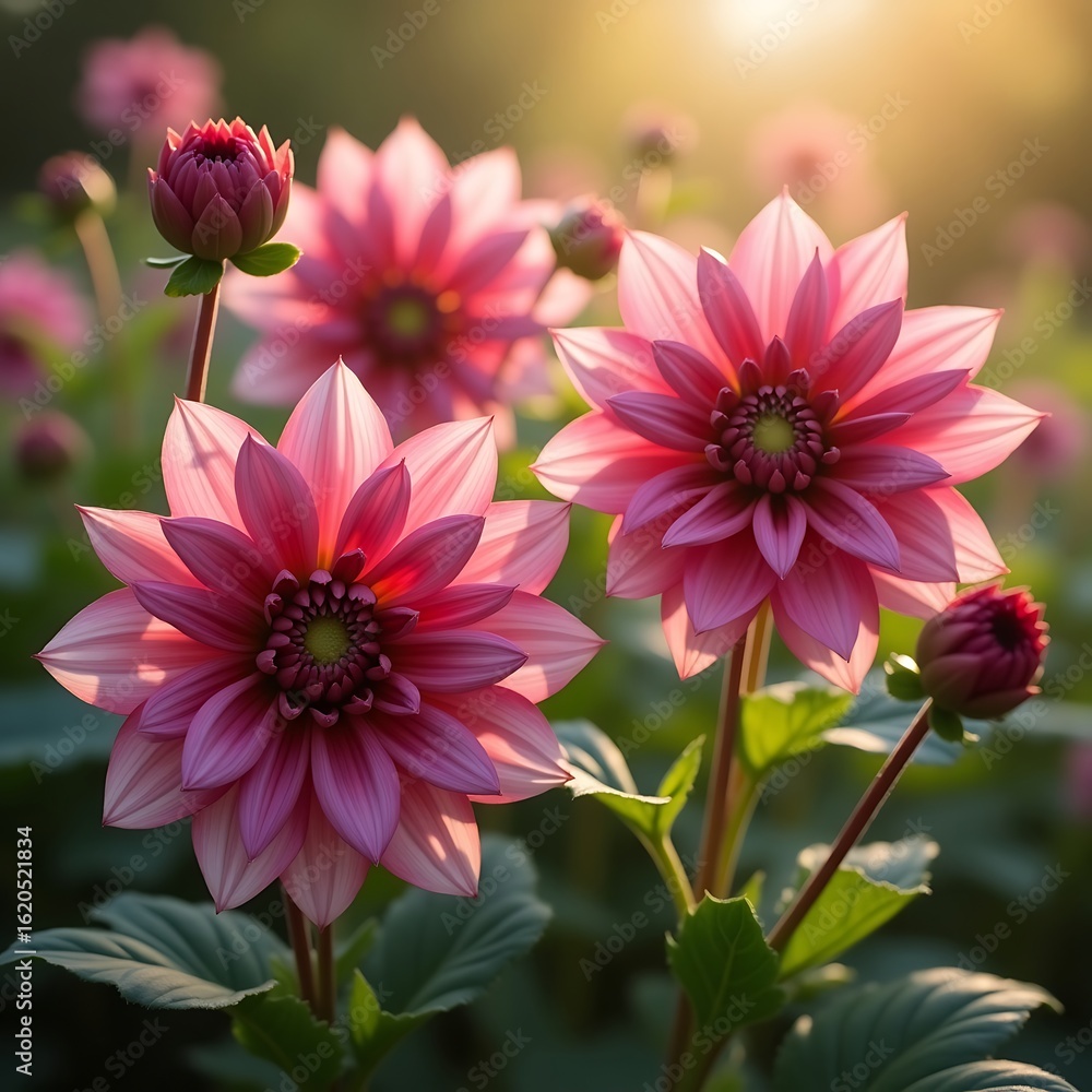 Fototapeta premium Beautiful Pink Dahlia Blossoms in Sunlight