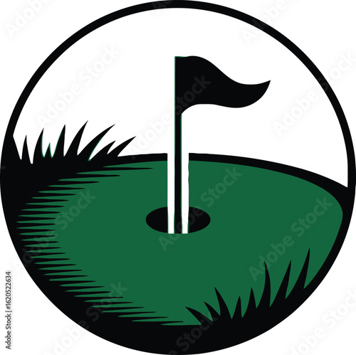 Golf hole flag and green with grass in a circle