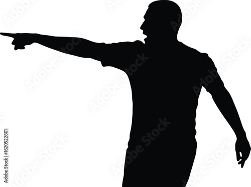Enraged Soccer Player Silhouette Arguing and Pointing, A Dynamic Vector Illustration Capturing Intense Game Moments on a White Backdrop.