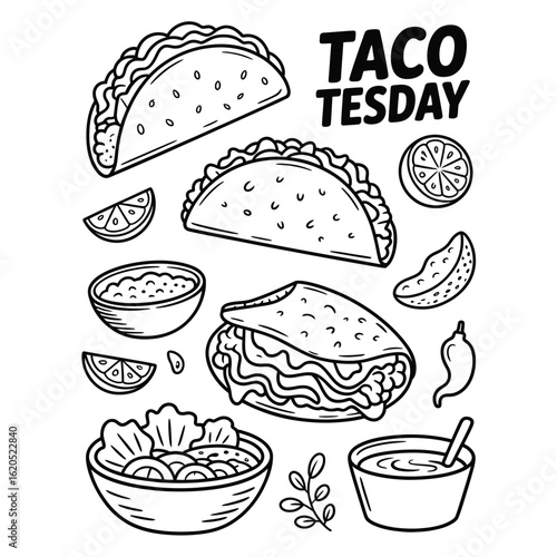Black and white vector of Taco Tuesday set with hard shell taco, soft taco, ground beef, salsa, cheese, lettuce, lime wedge, and hot sauce