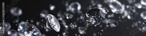 Sparkling diamonds with water droplets on a dark, elegant background