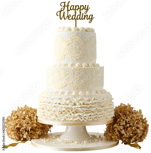 Generative AI, An exquisite edible golden lace wedding cake