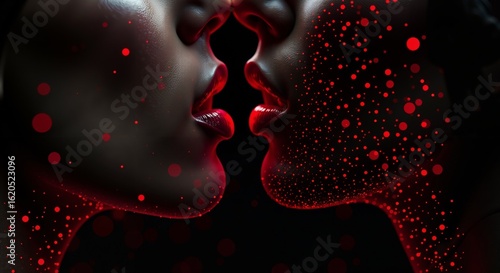 Futuristic kiss between two digital faces with glowing red particles. Conceptual art about virtual love, connection, and intimacy.