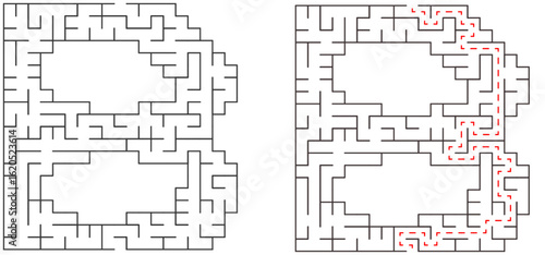A 20x20 alphabet B letter-shaped educational maze with square cells, with and without solution, learning activity for kids