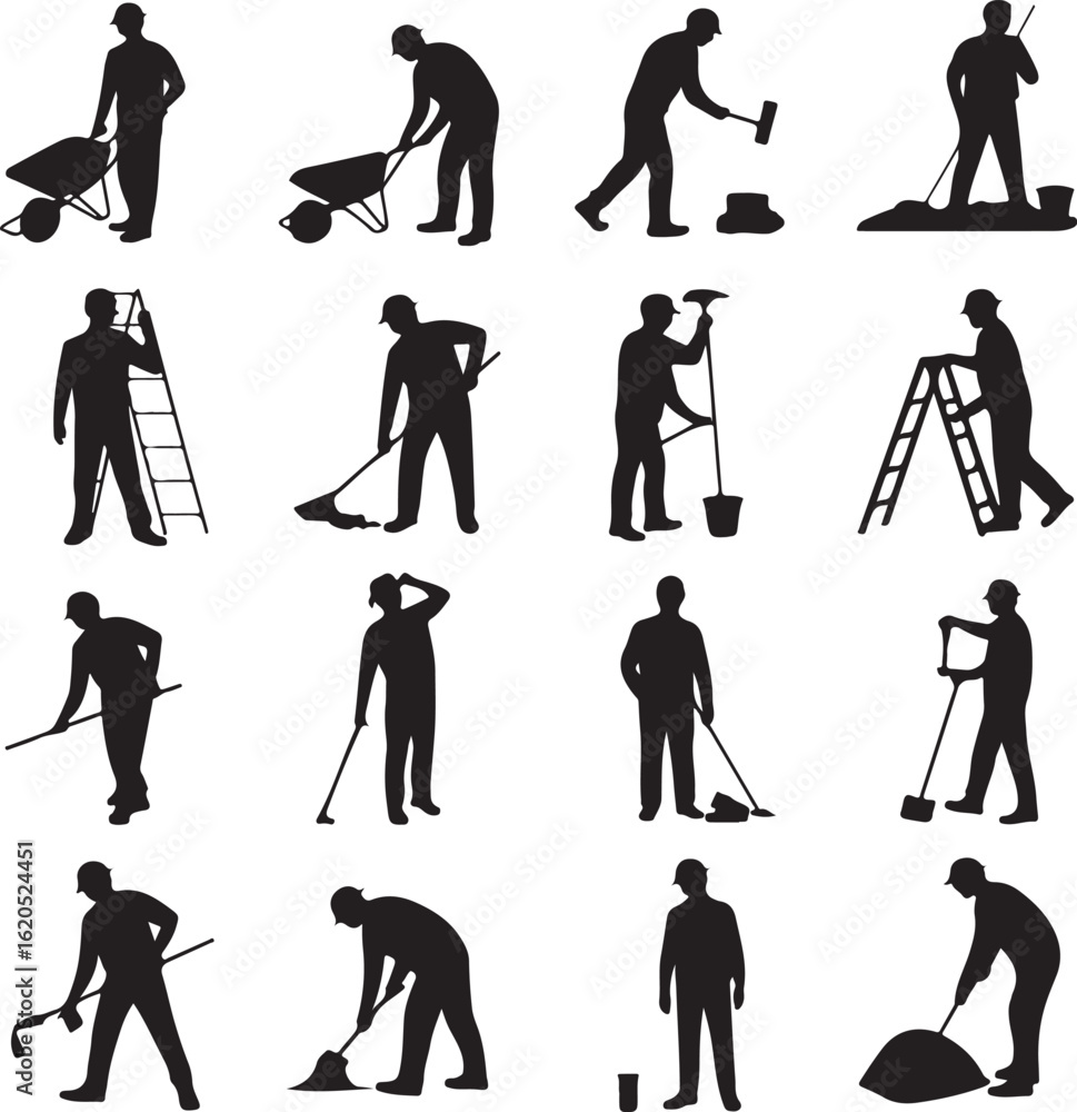 Obraz premium American Worker Silhouette IllustrationHardworking Laborer Silhouette VectorConstruction Worker with Tools SilhouetteStrong American Worker Outline ArtIndustrial Worker Silhouette Design