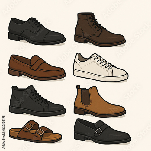High-quality vector illustration featuring 8 stylish men’s footwear types in flat design: dress shoes, boots, sneakers, loafers, sandals. Perfect for fashion, e-commerce, and design use.