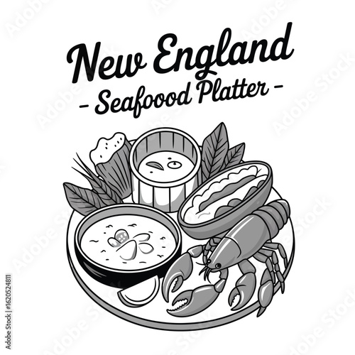 New England seafood platter black and white vector featuring lobster roll, clam chowder, oyster, lemon wedge, bread roll, and crab