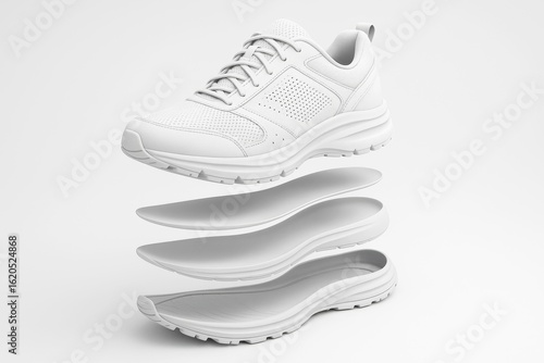 White athletic shoe shown in exploded view with separated sole layers, minimal style on white background, concept of shoe construction design