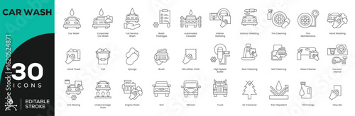 Professional Car Wash Icon Set - 30 Editable Stroke Vector Icons for Detailing & Maintenance (Automated, Interior, Undercarriage, Clay Bar)