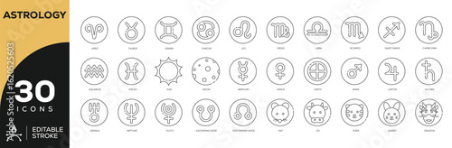 Astrology & Zodiac Icon Set - 30 Editable Stroke Vector Icons for Horoscopes and Birth Charts (Planets, Signs, Moon Phases, Tarot)
