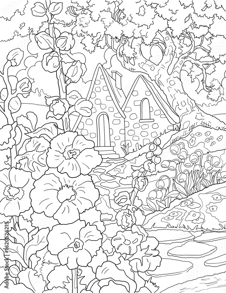 Obraz premium Minimalist Landscape Line Drawing – Hand-Drawn Nature Illustration, Landscape drawing for kids, Landscape Coloring Book