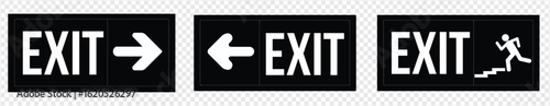 Emergency exit sign set. Man running out fire exit. Running man and exit door sign. Escape help evacuation. Safety vector symbol.