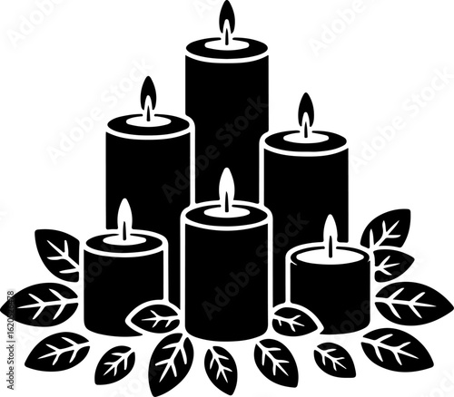 black silhouette vector of a candles surrounded by scattered autumn leaves