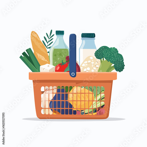 Veganer Einkaufskorb mit frischem Gemüse und pflanzlichen Produkten – flache Vektorillustration