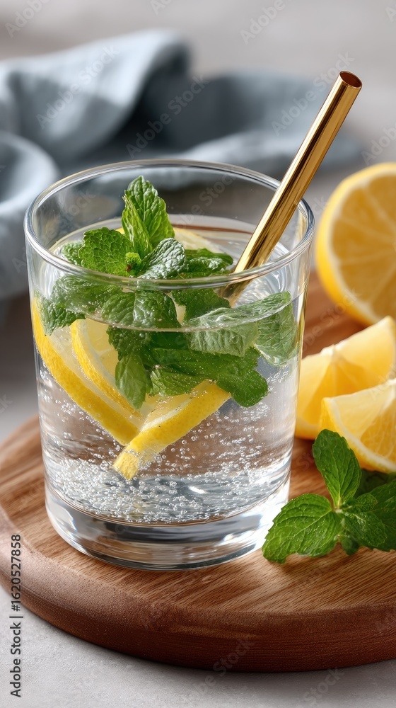 Fototapeta premium Refreshing lemonade with mint and lemon slices on a wooden board, perfect for warm weather gatherings or casual dining indoors