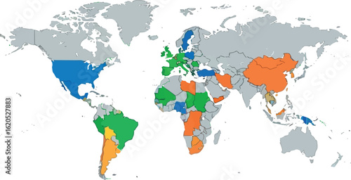 Vector illustration of a world map with highlighted countries, showcasing regional grouping and global segmentation by color.