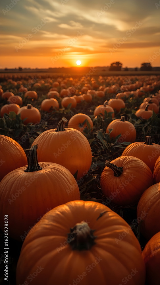 Fototapeta premium Pumpkin patch field with orange pumpkins at sunset during autumn harvest