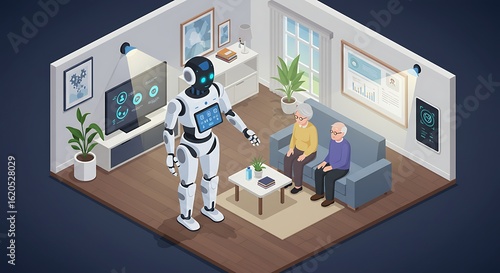 Wallpaper Mural Service Robot Assisting Elderly Couple in Smart Home – Futuristic Care and Independent Living Torontodigital.ca
