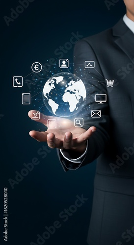 Futuristic concept of digital transformation and global business connectivity, with a businessman holding a networked world in his palm.