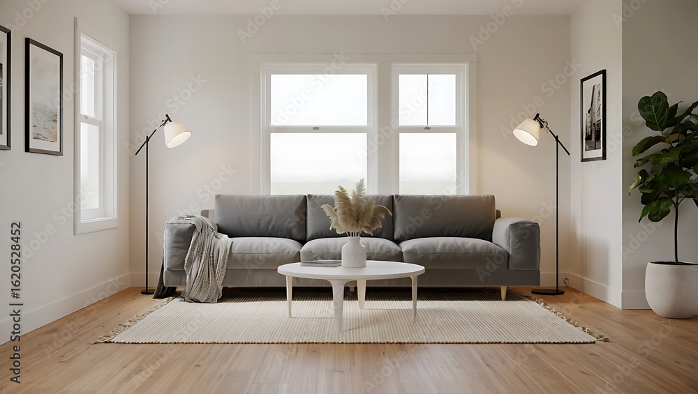 Fototapeta premium Cozy Living Room Interior Design with Gray Sofa, White Accents, and Natural Light Aesthetics