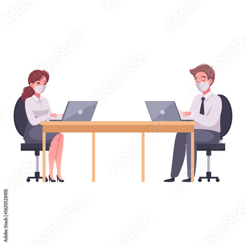 Business colleagues in face masks working with social distance vectors.
