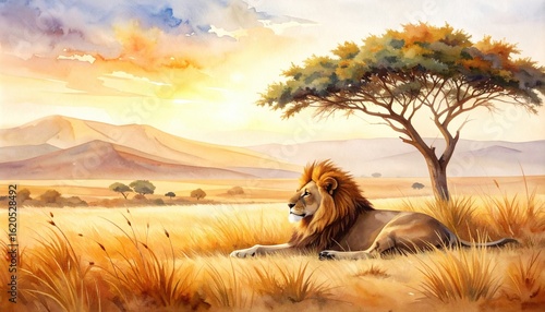 A majestic lion resting under a lone tree in the savanna during golden hour evokes wildlife, nature, Africa, and peaceful strength