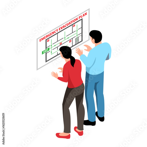 Man and woman studying an emergency evacuation plan, isometric vectors.