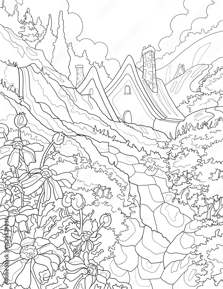 Fototapeta premium Elegant Nature Line Drawing, Senary Line Drawing For kids, Coloring books