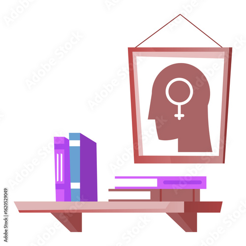 Conceptual vectors of female psychology and gender studies on a shelf.