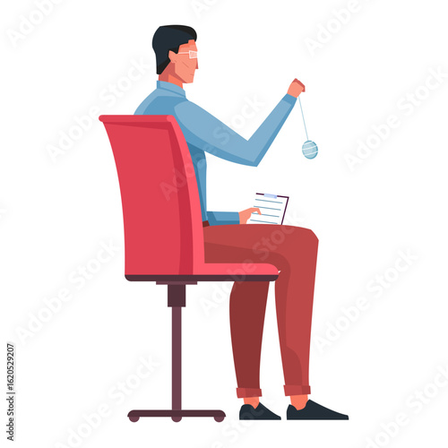 Male hypnotherapist using a pendulum for therapy session vectors.