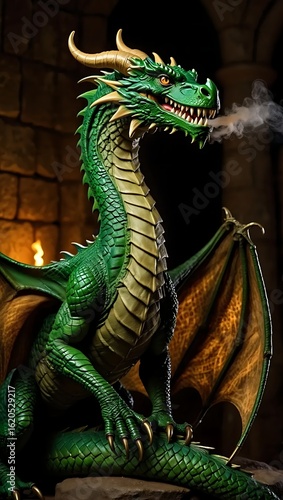 Magnificent Emerald Dragon Sculpture Breathing Smoke in Dark Dungeon Setting an Epic Fantasy Scene