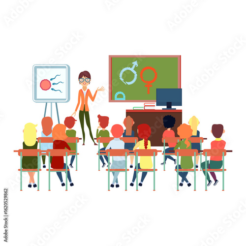 Sex education lesson in a classroom with cartoon character vectors.