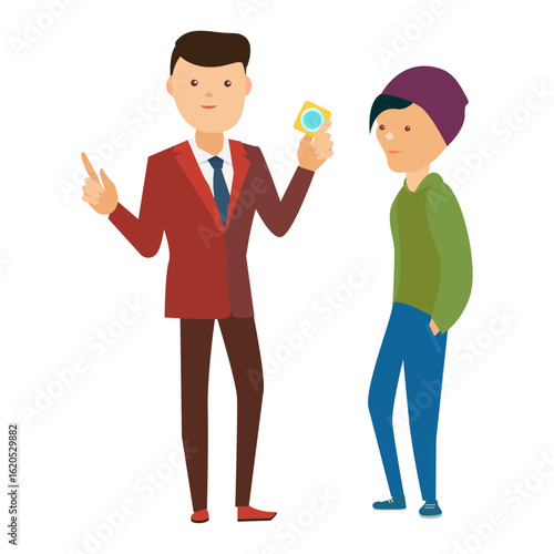 Man explaining contraception to a teen using vectors illustration.