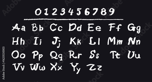 English alphabet and numbers 0-9, hand-drawn in a white wax crayon or chalk style on a board. Highlighter effect, perfect for kindergarten drawing, learning, and creative design. Vector illustration