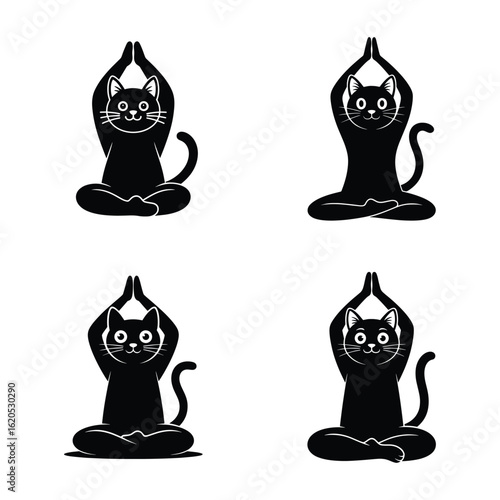 Four Cats Meditating in Yoga Poses Black Silhouette Style