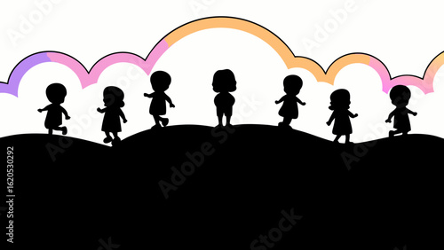 Children s silhouettes walk on a dreamy colorful hill in a playful journey A story book style with