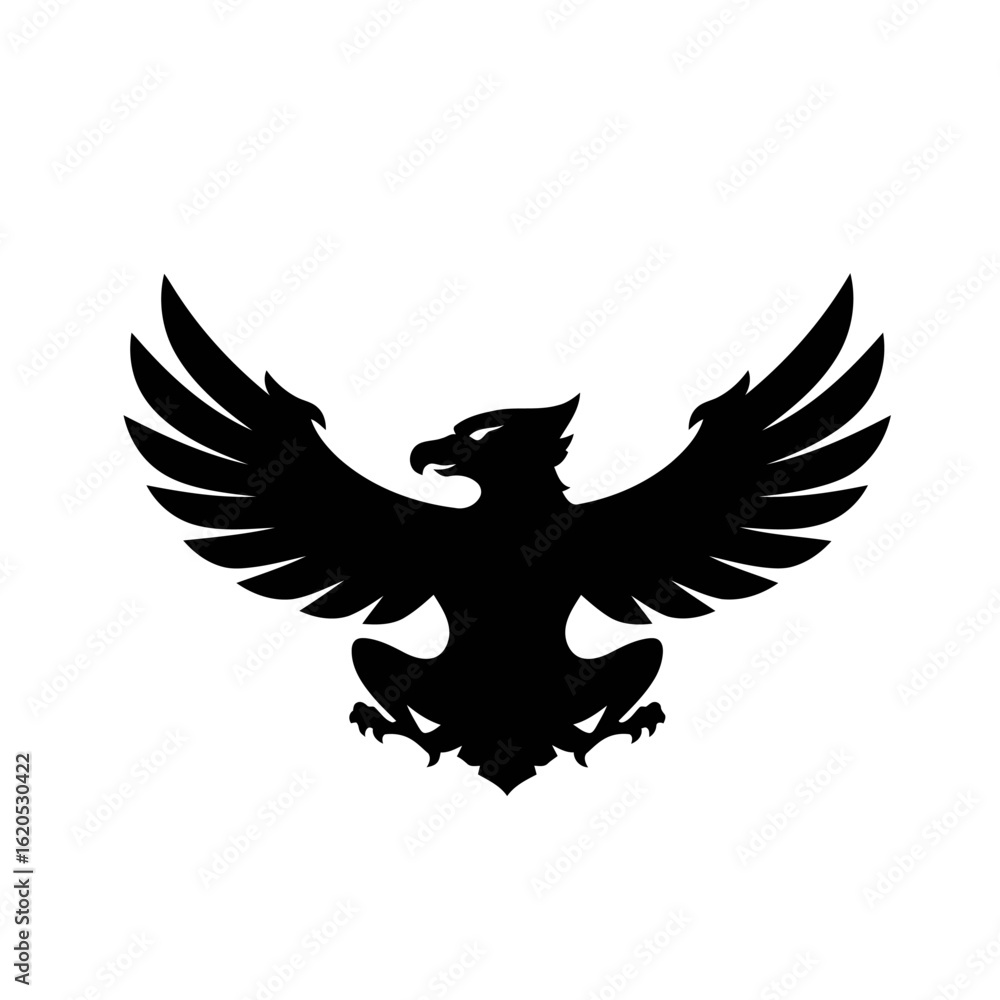 Obraz premium Vector art of black silhouette of a mythical griffin with spread wings, a powerful creature from legend, isolated on white background, symbolizing strength and protection