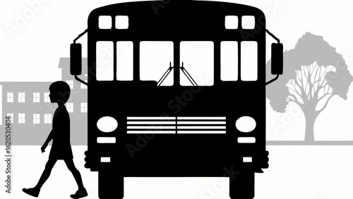 A child crossing the street in front of a large school bus back to learning on a crisp morning black