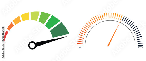 "Speedometer and Performance Gauge Icon Set – Vector Dashboard Meters with Color Indicators and Dials for Speed, Level, and Internet UI"

