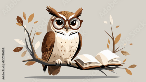 Wise cartoon owl wearing glasses, perched on a branch next to an open book with autumn leaves