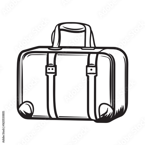 Black and white line art illustration of a vintage travel suitcase or luggage, a classic hand-drawn vector icon