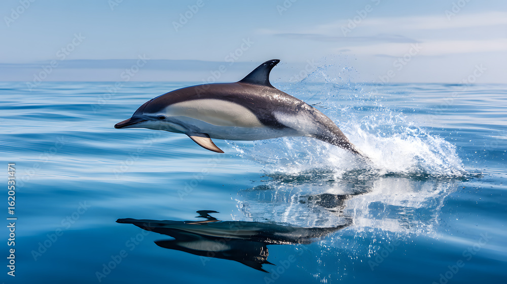 Fototapeta premium Playful Dolphin Leaping Gracefully Against a Calm Blue Ocean Background with Reflection in Water Surface