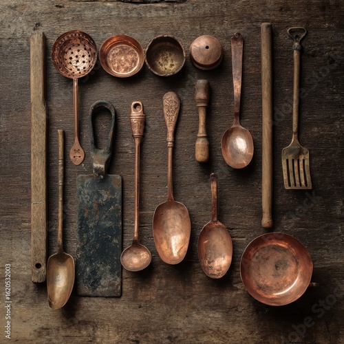Vintage copper utensils on rustic wood, kitchen display, still life.  Possible use  Stock photo