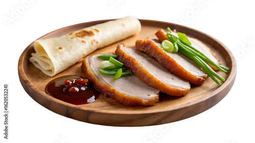 Chinese Peking Duck Slices with Pancakes and Hoisin Sauce Isolated on White