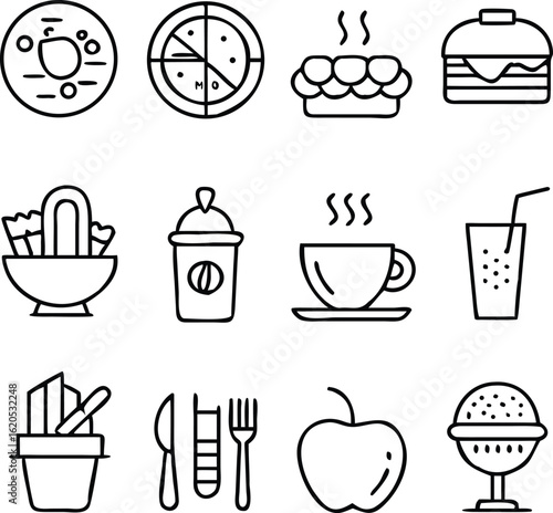 Delicious Food Icons Representing Breakfast Lunch and Dinner Options Ideal for Menus and Culinary Designs with Clear and Simple Line Art