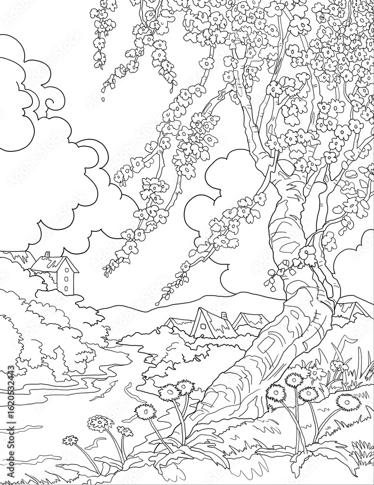 Obraz premium Simple Line Art Landscape – Hand-Sketched Nature Scene, Landscape drawing for kids, Landscape Coloring Book