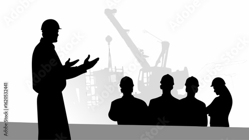 A silhouette of a construction worker giving a presentation to a group with a crane in the background | editable eps vectors