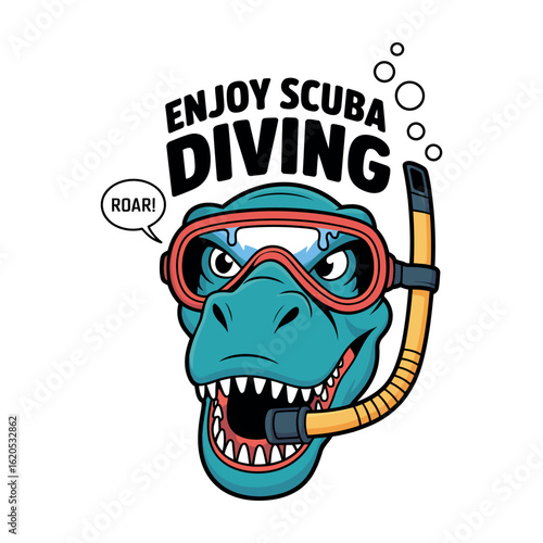 Cartoon dinosaur wearing scuba gear and roaring scuba diving